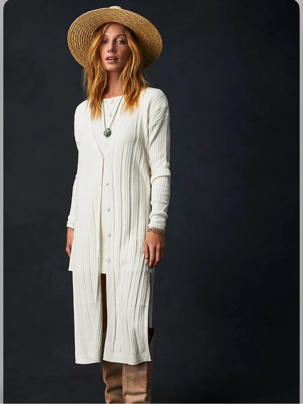 Free People Cream Ribbed Knit Button-Front Cardigan Long Duster XS - Picture 2 of 5